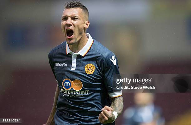 Marvin Johnson of Motherwell celebrates Motherwell's 1st goal during the BETFRED Cup First Round Group F Match between Motherwell and East...