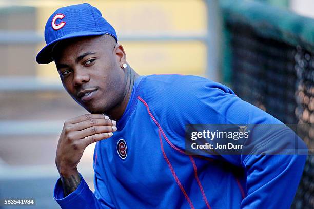 Aroldis Chapman of the Chicago Cubs sits in the dugout before the game against the Chicago White Sox at U.S. Cellular Field on July 26, 2016 in...