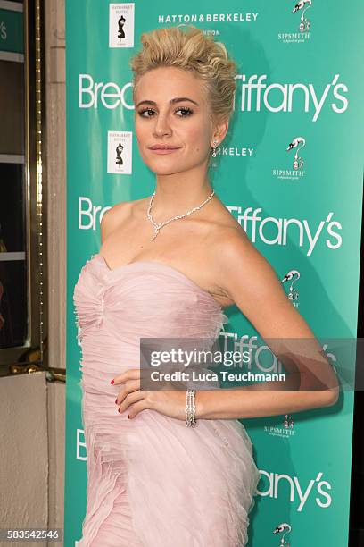 Pixie Lott arrives for the opening night of Breakfast at Tiffany at Theatre Royal on July 26, 2016 in London, England.