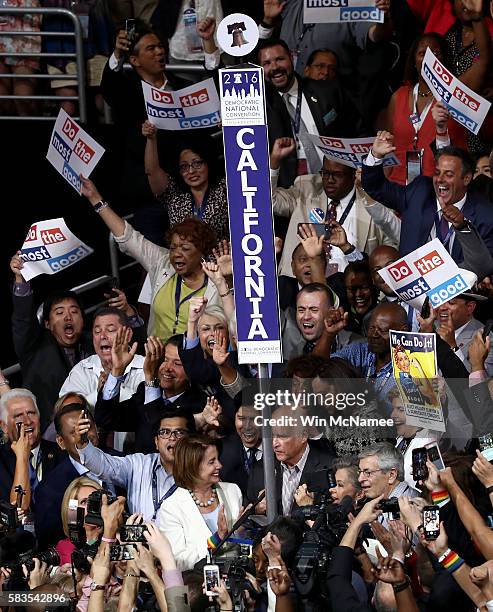 House Minority Leader Nancy Pelosi stands with California Governor Jerry Brown as the California delegation cast their votes during roll call on the...