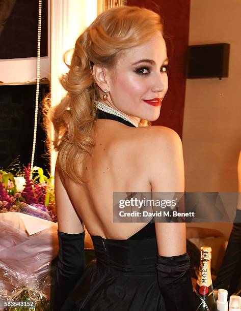 Pixie Lott poses backstage following the press night performance of "Breakfast at Tiffany's" at the Theatre Royal Haymarket on July 26, 2016 in...