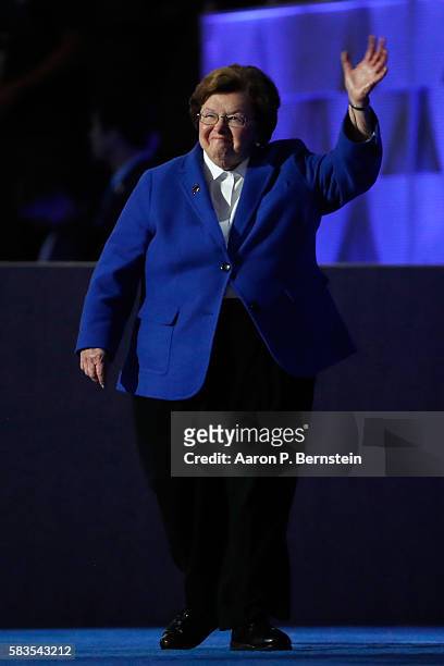 Sen. Barbara Mikulski waves to the crowd as she arrives on stage to deliver remarks on the second day of the Democratic National Convention at the...