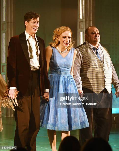 Cast members Matt Barber, Pixie Lott and Victor McGuire bow at the curtain call during the press night performance of "Breakfast at Tiffany's" at the...