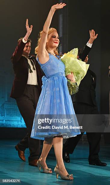 Pixie Lott bows at the curtain call during the press night performance of "Breakfast at Tiffany's" at the Theatre Royal Haymarket on July 26, 2016 in...