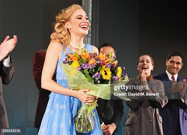 Pixie Lott bows at the curtain call during the press night performance of "Breakfast at Tiffany's" at the Theatre Royal Haymarket on July 26, 2016 in...