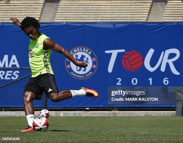 Chelsea footballer Willian of Brazil trains before their International Champions Cup game against Liverpool, at the UCLA Campus in Westwood,...