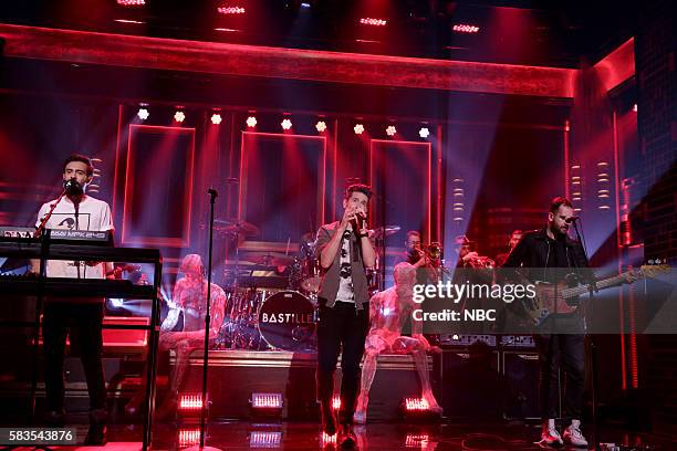 Episode 0508 -- Pictured: Kyle Simmons, Chris Wood, Dan Smith, and Will Farquarson of musical guest Bastille perform on July 26, 2016 --