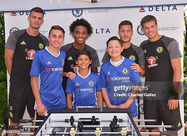 Chelsea Football Club's Matt Miazga, Willian, Eden Hazard and Cesar Azpilicueta and Children's Hospital Los Angeles patients Jacob Torres, Alex...