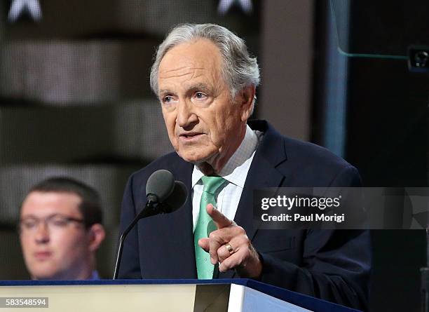 Sen. Tom Harkin delivers a speech on the second day of the Democratic National Convention at the Wells Fargo Center on July 26, 2016 in Philadelphia,...