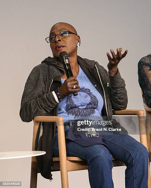 Singer Sharon Jones speaks on stage during Apple Store Soho presents meet the filmmakers: Sharon Jones and Barbara Kopple held at Apple Store Soho on...