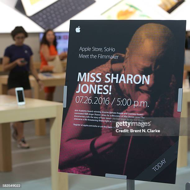 General view of the event signage is seen during Apple Store Soho presents meet the filmmakers: Sharon Jones and Barbara Kopple held at Apple Store...