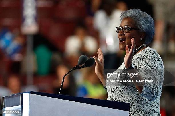 Interim chair of the Democratic National Committee, Donna Brazile delivers remarks on the second day of the Democratic National Convention at the...