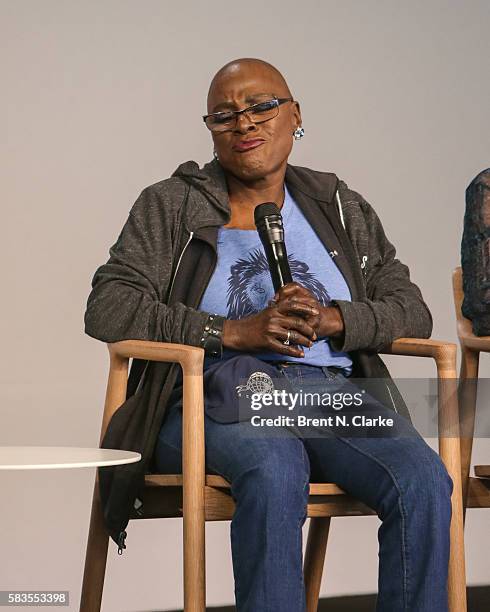 Singer Sharon Jones speaks on stage during Apple Store Soho presents meet the filmmakers: Sharon Jones and Barbara Kopple held at Apple Store Soho on...