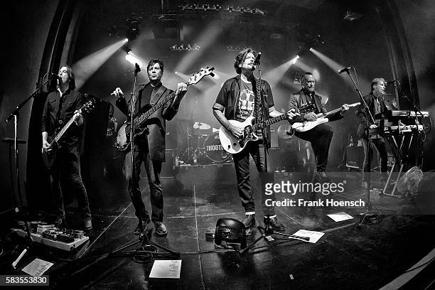 Tommy Williams, Fran Smith, Jr., Eric Bazilian, John Lilley and Rob Hyman of the American band The Hooters perform live during a concert at the...