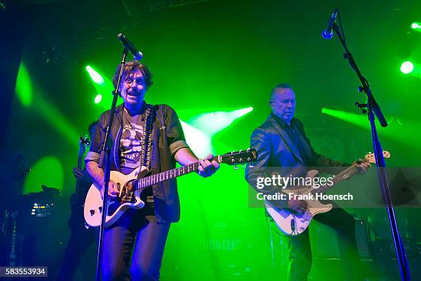 Eric Bazilian and John Lilley of the American band The Hooters perform live during a concert at the Columbia Theater on July 26, 2016 in Berlin,...