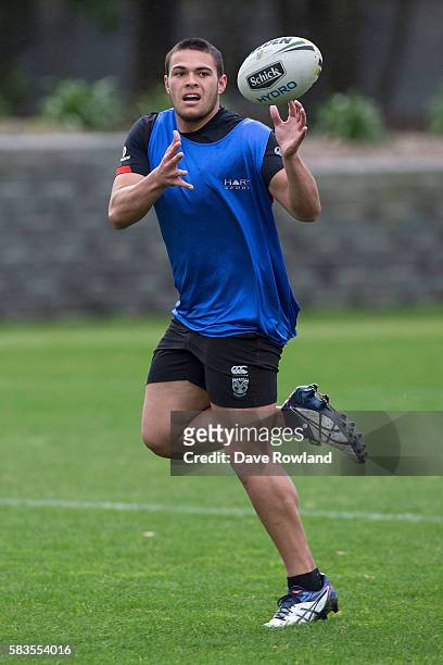 Tuimoala Lolohea catches the ball during a New Zealand Warriors NRL training session at Mt Smart Stadium on July 27, 2016 in Auckland, New Zealand.