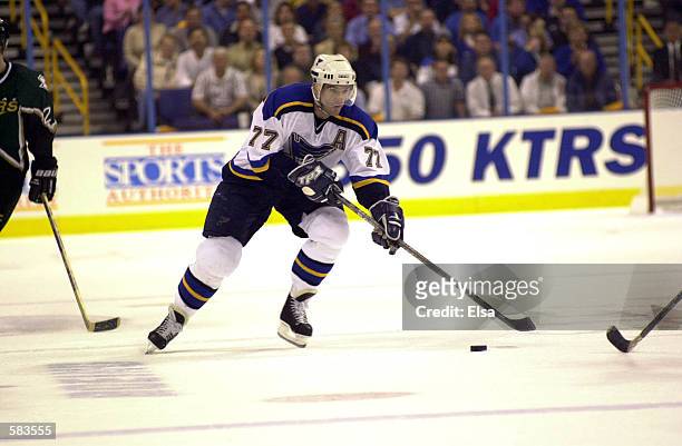 Pierre Turgeon of St. Louis Blues skates with the puck during game 3 of Western Conference Semifinals against the Dallas Stars at the Savvis Center...