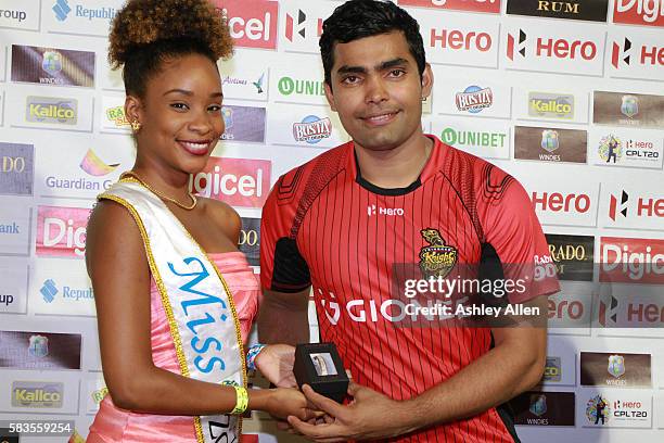Gros Islet , Saint Lucia - 26 July 2016; Trinbago Knight Riders Umar Akmal recieves his man of the match award during the Hero Caribbean Premier...