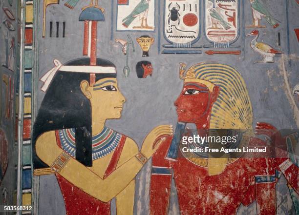 detail of mural painting of nephthys and horemheb from the tomb of horemheb - hieroglyphics stock-fotos und bilder