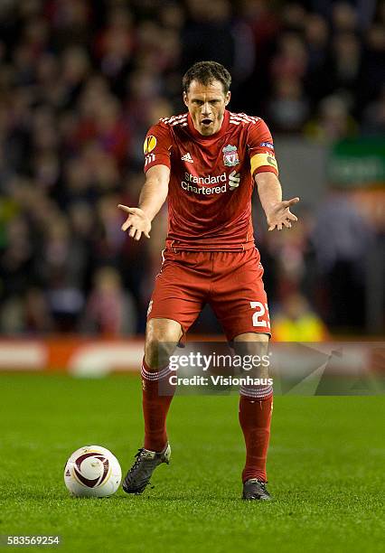 Jamie Carragher of Liverpool during the UEFA Europa League Round of 16, 2nd Leg match between Liverpool and SC Braga at Anfield Stadium in Liverpool,...