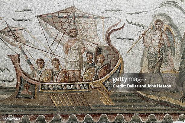 africa, tunisia, tunis, interior of bardo museum, roman mosaics from dougga, ulysses and the sirens - ulises fotografías e imágenes de stock