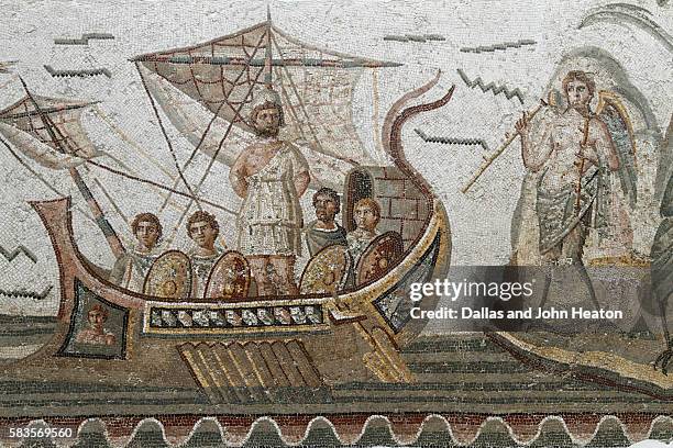 africa, tunisia, tunis, interior of bardo museum, roman mosaics from dougga, ulysses and the sirens - odysseus sirens stock pictures, royalty-free photos & images