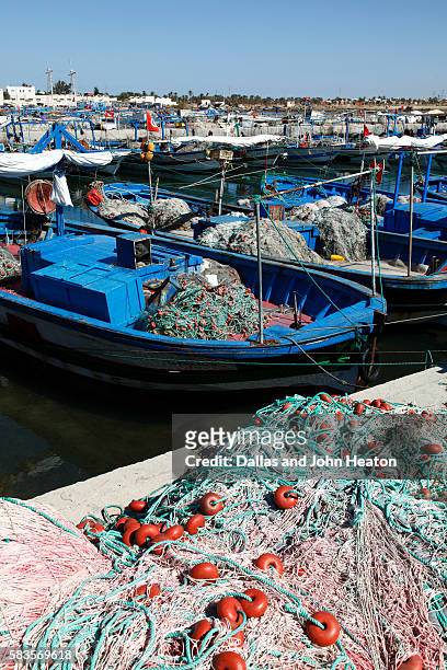 africa, tunisia, mediterranean sea, gulf of gabes, djerba island, fishing boats at ajim quay - djerba stock pictures, royalty-free photos & images