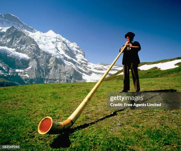 alphorn blower - switzerland stock pictures, royalty-free photos & images