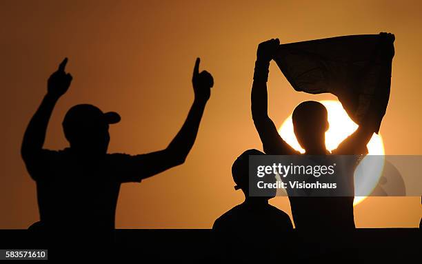 Gabon fans celebrate the second Gabon goal as the sun sets during the 2012 African Cup of Nations Group C match between Gabon and Niger at the Stade...