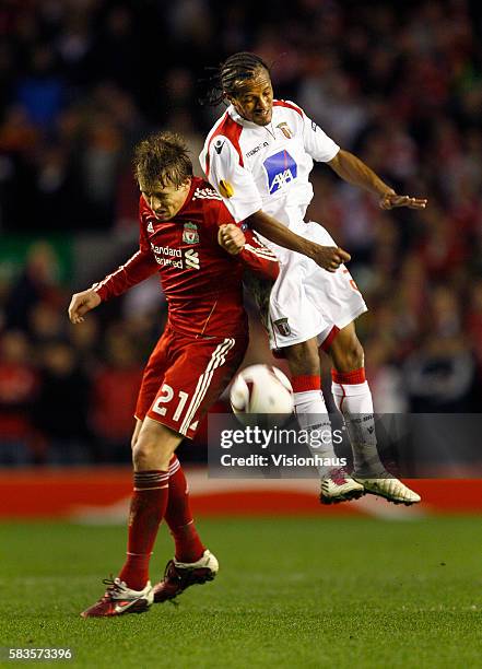 Lucas of Liverpool and Leandro Salino of SC Braga during the UEFA Europa League Round of 16, 2nd Leg match between Liverpool and SC Braga at Anfield...
