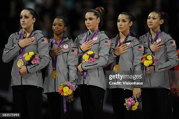 Jordyn Wieber, Gabrielle Douglas, Mc Kayla Maroney, Alexandra Raisman and Kyla Ross of the USA Women's Gymnastic team during the US national anthem...