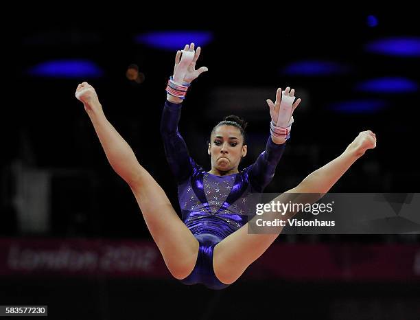 Jordyn Wieber of USA on the uneven bars during the Womens Artistic Gymnastics Qualification as part of the 2012 London Olympic Summer Games at the...