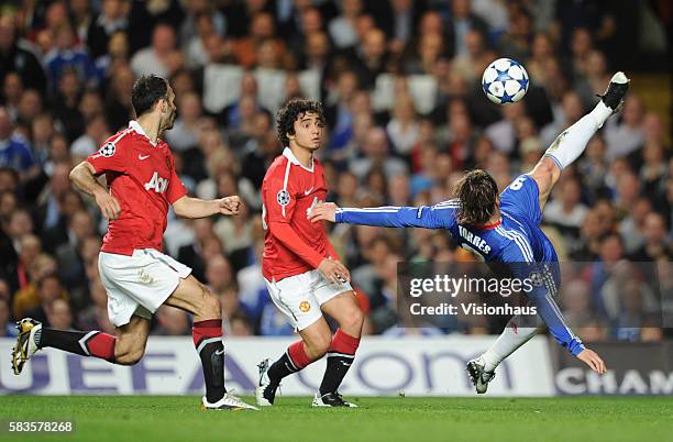 Fernando Torres of Chelsea attemps an overhead kick during the UEFA Champions League Quarter Final match between Chelsea and Manchester United at...