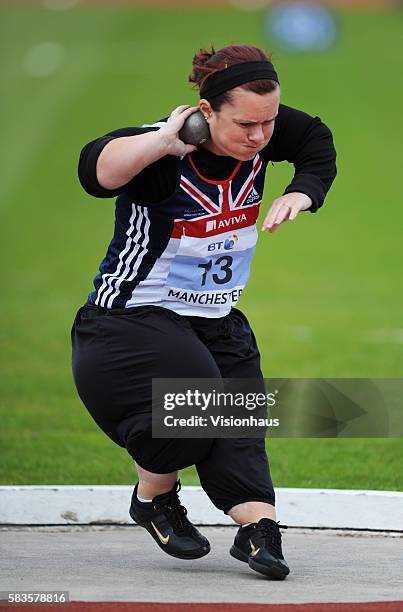 Sophie Hancock of Great Britain competes in the F40 Womens Shot Put during the Track and Field event of the Paralympic World Cup at the Manchester...