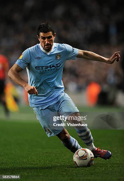 Aleksandar Kolarov of Manchester City during the UEFA Europa League round of 16 match between Manchester City and Sporting Lisbon at the Etihad...