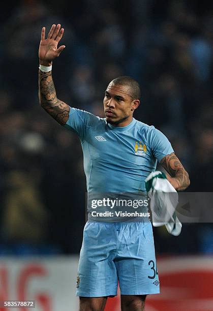 Nigel De Jong of Manchester City acknowledges the crowd after the UEFA Europa League round of 16 match between Manchester City and Sporting Lisbon at...
