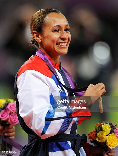 Jessica Ennis of Great Britain with her gold medal for winning the Heptathlon as part of the 2012 London Olympic Summer Games at the Olympic Stadium,...