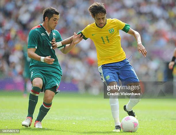 Israel Jimenez of Mexico and Neymar of Brazil during the Brazil vs. Mexico Final match in the Men's Soccer Competition as part of the 2012 London...