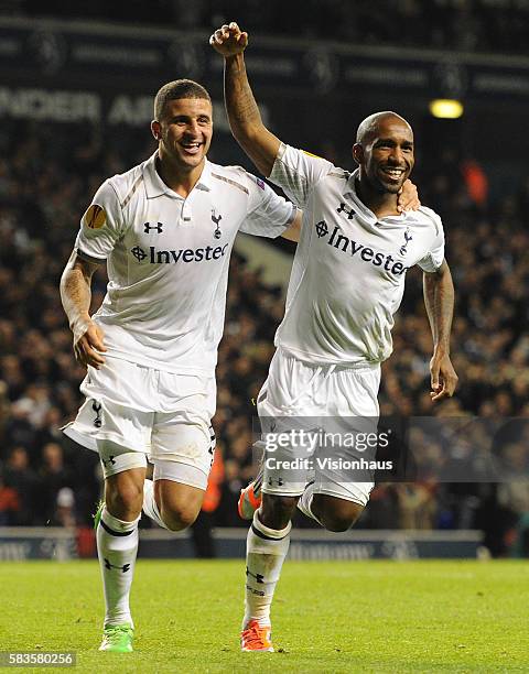 Jermain Defoe of Tottenham Hotspur celebrates his third goal with Kyle Walker during the UEFA Europa League Group J match between Tottenham Hotspur...