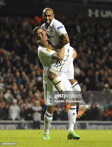 Jermain Defoe of Tottenham Hotspur celebrates his third goal with Kyle Walker during the UEFA Europa League Group J match between Tottenham Hotspur...