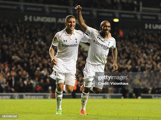 Jermain Defoe of Tottenham Hotspur celebrates his third goal with Kyle Walker during the UEFA Europa League Group J match between Tottenham Hotspur...