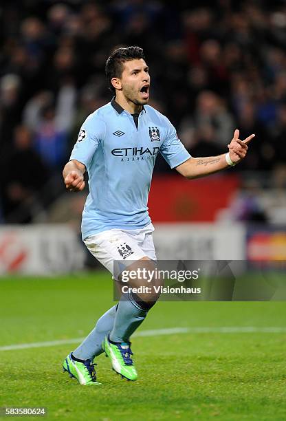 Sergio Aguero of Manchester City celebrates scoring during the UEFA Champions League Group D match between Manchester City and Real Madrid at the...