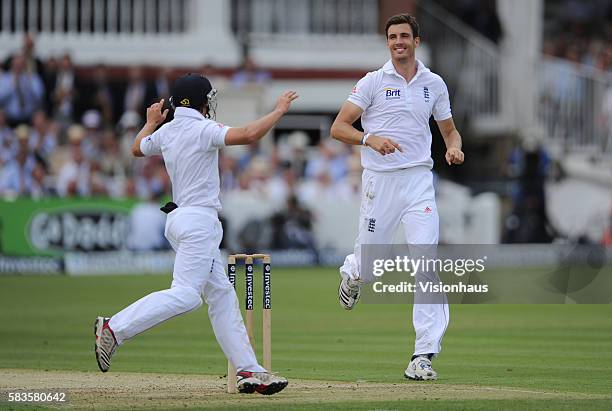 Steve Finn of England celebrates taking the wicket of Alviro Petersen of South Africa during Day One of the 3rd Investec Test Match between England...