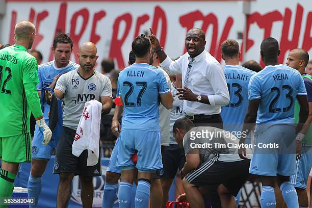 Coach Patrick Vieira talking to his players during a drinks break in searing heat during the New York Red Bulls Vs New York City FC MLS regular...