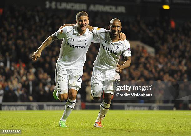 Jermain Defoe of Tottenham Hotspur celebrates his third goal with Kyle Walker during the UEFA Europa League Group J match between Tottenham Hotspur...