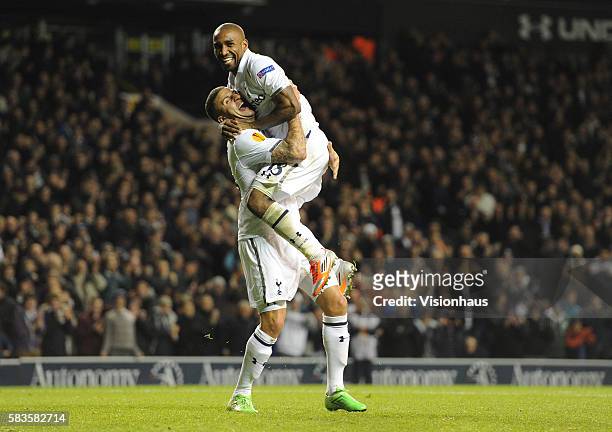 Jermain Defoe of Tottenham Hotspur celebrates his third goal with Kyle Walker during the UEFA Europa League Group J match between Tottenham Hotspur...