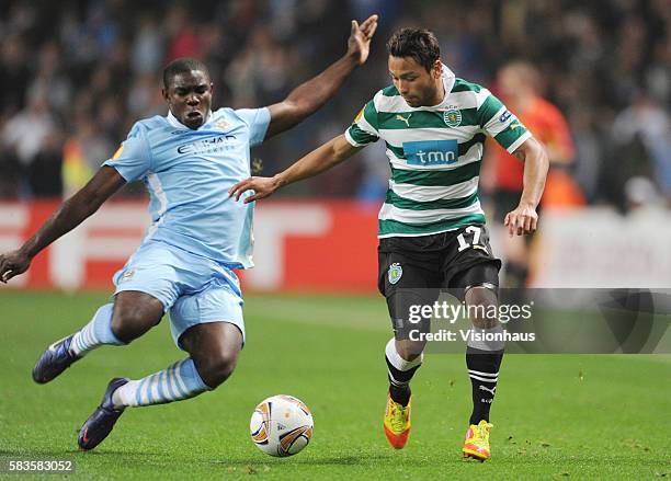 Micah Richards of Manchester City and Jeffren Suarez of Sporting Lisbon during the UEFA Europa League Round of 16 match between Manchester City and...