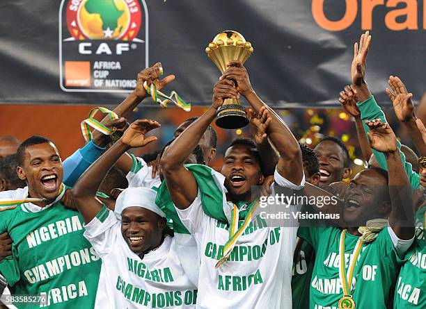 Joseph Yobo of Nigeria lifts the trophy after his team win the 2013 African Cup of Nations Final match between Nigeria and Burkina Faso at the...