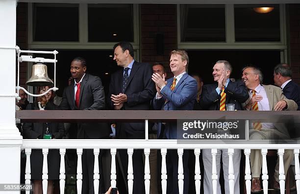 London 2012 silver medal winning 100 metre sprinter Yohan Blake from Jamaica rings the Lord's bell for the start of play during Day One of the 3rd...