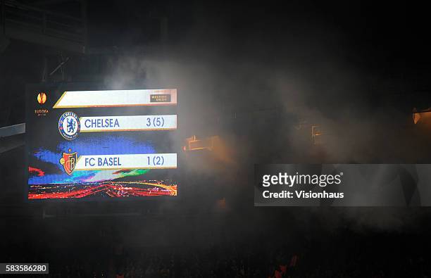 The Stamford Bridge scoreboard during the UEFA Europa League Semi Final, Second Leg match between Chelsea and Basel at Stamford Bridge in London, UK....